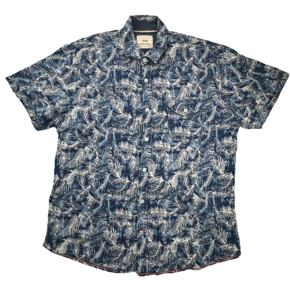 Private Member Button Down Shirt Linen Blend Tropical Palm Print L Blue White